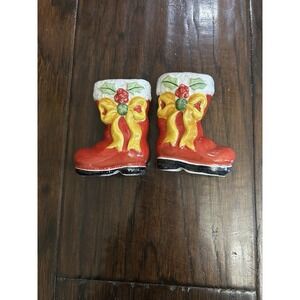 Christmas Santa Claus Holiday Boots Yellow Bows Holly Berry Salt Pepper Shakers
